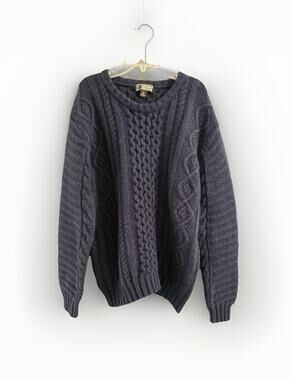 Loft 604 Men’s Natural Cable Knit Wool Navy Blue Fishermans Sweater Size Large